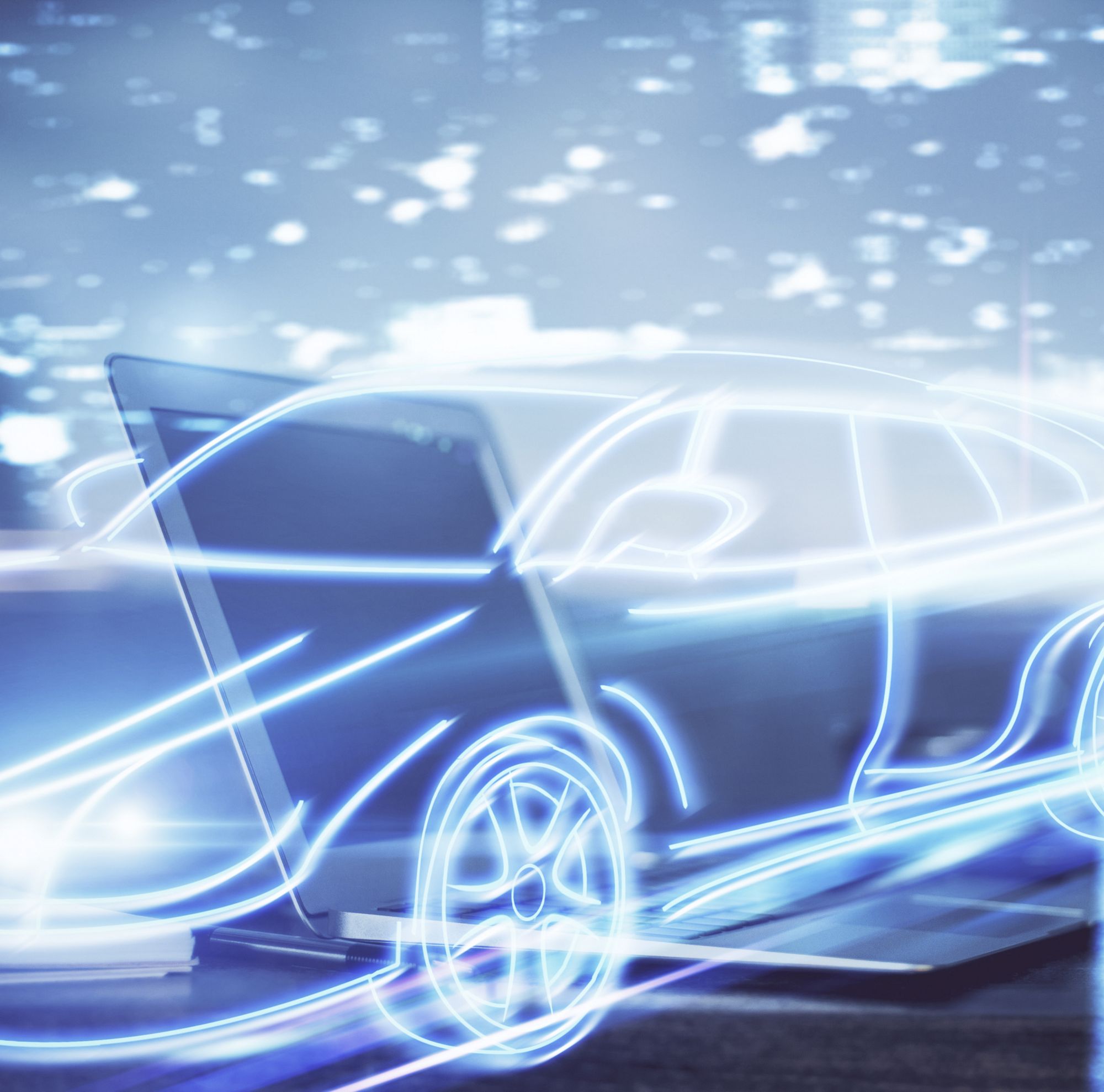 Outline of car with computer in the back 